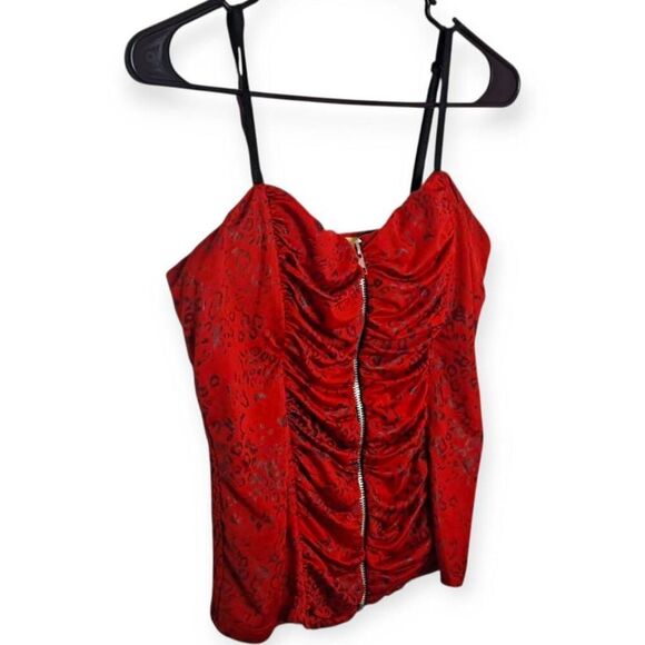 Wildcat Women's Y2K Leopard Print Ruched Zip Up Tank Red Black - Picture 2 of 6